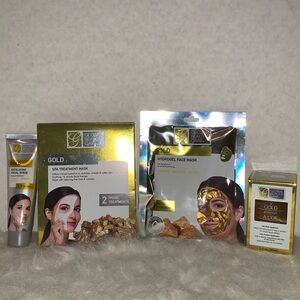 Facial care bundle. Gold gel face mask, hydrogel mask, spa treatment, exfoliate.